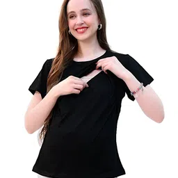 TUMMY Half Sleeves Solid Maternity Nursing Pull On Top With Nursing Access - Black image 5