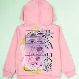 Kiddopanti Fleece Knit Full Sleeves Anime Girl Printed Light Winter Hooded Sweatshirt With Straight Fit Jeans Set - Peach Pink & Light Blue image 5