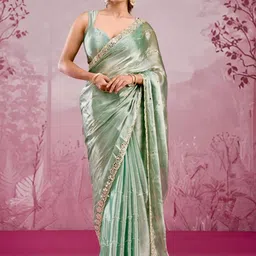 ODETTE Women Embellished Light Green Chiffon Saree-image-87