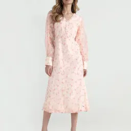 Elle Women Pink Printed V-Neck Pure Cotton Dress-image-5