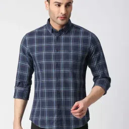 Dragon Hill Navy Slim Fit Checks Shirt-image-8