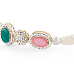 Zaveri Pearls Pink Green Stones Austrian Diamonds Multistrand Choker Necklace Earring Set-ZPFK17766 image 3
