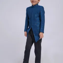 VASTRAMAY Boys Turquoise Textured Indo Western Set image 3