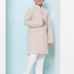 AJ Dezines Kids Peach & White Embroidered Full Sleeves Kurta with Pyjamas image 3