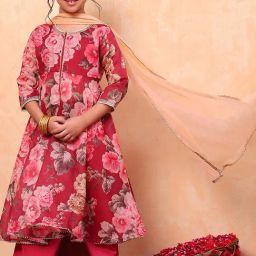 BIBA Girls Maroon & Beige Floral Print Kurta, Plazzos with Dupatta-picture-30