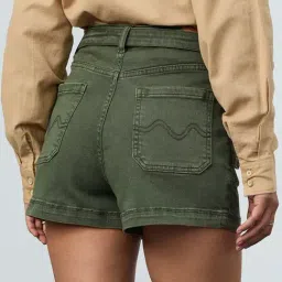 The Souled Store Fern Green Cotton Solid Denim Shorts image 2