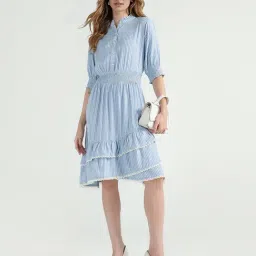 Elle Women Blue Striped Band Collar With Ruffle Dress-image-42