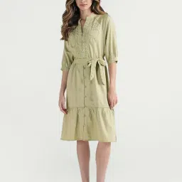 Elle Women Green Solid Band Collar Dress-image-24