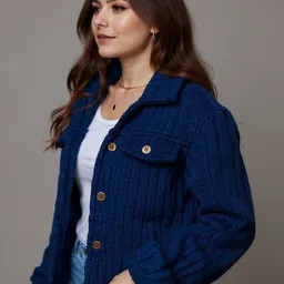 DressBerry Women Dark Blue Solid Long Sleeves Jacket-image-37