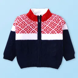 Babyhug Knitted Full Sleeves Front Open High Neck Sweater With Argyle Design - Red & Navy Blue-picture-35