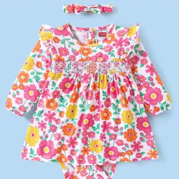 Babyhug 100% Cotton Knit Full Sleeves Frock Style Onesie with Floral Print & Hairband - Multicolor-picture-21