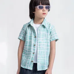 Taffykids Linen Half Sleeves Checked Shirt With Attached Tee - White & Green-picture-25