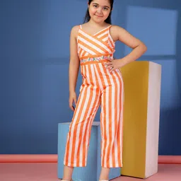 Budding Bees Cotton Sleeveless Striped & Floral Embroidered Jumpsuit - Orange image 1