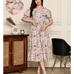 COLOR STUDIO Cotton Blend Woven Half Puffed Sleeves Leaves Printed Maternity Maxi Dress With Nursing Access - Beige-picture-27