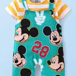 Babyhug Disney Single Jersey Knit Dungaree & Half Sleeves Striped T-Shirt With Mickey Mouse Graphics - Turquoise & Yellow image 2