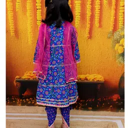 BownBee Pure Cotton Three Fourth Sleeves Floral Printed Lace Embellished Kurta Dhoti With Dupatta Set - Blue image 3