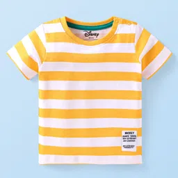 Babyhug Disney Single Jersey Knit Dungaree & Half Sleeves Striped T-Shirt With Mickey Mouse Graphics - Turquoise & Yellow image 3