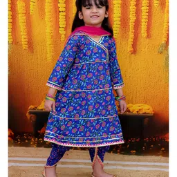 BownBee Pure Cotton Three Fourth Sleeves Floral Printed Lace Embellished Kurta Dhoti With Dupatta Set - Blue image 4