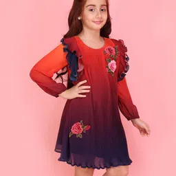 Cutecumber Georgette Woven Full Sleeves Floral Embroidered Pleated Ombre Dress - Navy Blue image 4