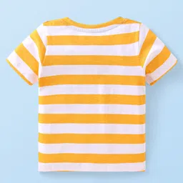 Babyhug Disney Single Jersey Knit Dungaree & Half Sleeves Striped T-Shirt With Mickey Mouse Graphics - Turquoise & Yellow image 4