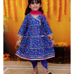 BownBee Pure Cotton Three Fourth Sleeves Floral Printed Lace Embellished Kurta Dhoti With Dupatta Set - Blue image 5