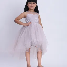 Toy Balloon Kids Net Woven Sleeveless Foil Dots Printed Gota Lace Embellished High Low Dress - Lavender image 5