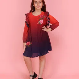 Cutecumber Georgette Woven Full Sleeves Floral Embroidered Pleated Ombre Dress - Navy Blue image 5