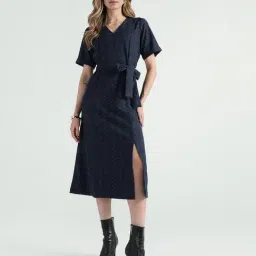 Elle Women Navy Solid V-Neck Pure Cotton Dress-picture-18