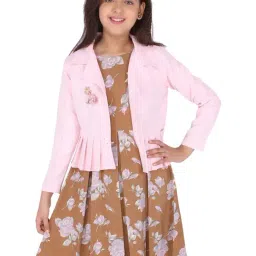 Cutecumber Kids Brown & Pink Printed Full Sleeves Dress with Shrug-image-11