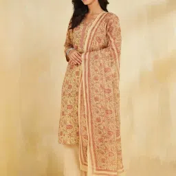 Fabindia Yellow Cotton Regular Fit Floral Print Kurtas With Dupatta image 3