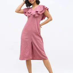 Styli Women V-Neck Ruffles A-Line Midi Dress-image-39
