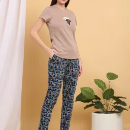 Sweet Dreams Beige Cotton Regular Fit Printed Pyjama Set image 3