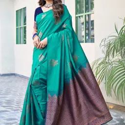 Satrani Teal Green Silk Woven Saree With Unstitched Blouse image 3
