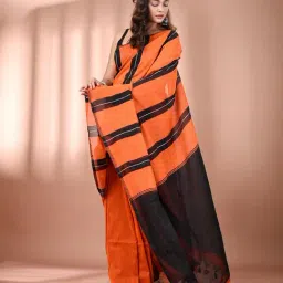CHARUKRITI Orange Cotton Stripes Saree With Unstitched Blouse image 3