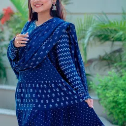 HERE&NOW Ethnic Motifs Printed Tiered Pure Cotton Kurta With Trousers & Dupatta-picture-36