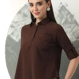 FITHUB Women Shirt Collared Roll-Up Sleeves Shirt Style Top image 4