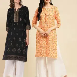 Rangita Orange & Black Cotton Printed Straight Kurta - Pack Of 2-picture-16