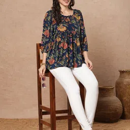 Aaghnya Women Floral Print Tie-Up Neck Puff Sleeve Top image 2