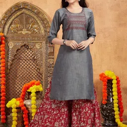 Muhuratam Girls Casual Wear Grey Colour Tribal Print Cotton Kurti-image-42