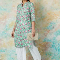 Melange by Lifestyle Green Cotton Printed Straight Kurta-image-27