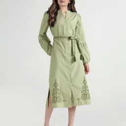 Elle Women Olive Embroidered Band Collar Pure Cotton Dress-image-56