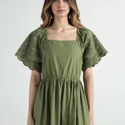 Elle Women Olive Solid V-Neck Pure Cotton Dress image 5