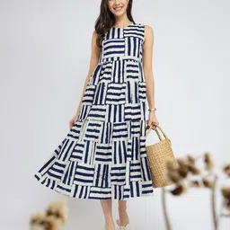 Pink Fort Abstract Printed Cotton Dabu Stripe Play Fit & Flare Midi Dress-picture-26