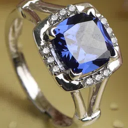 CLARA 925 Silver Rhodium Plated Swiss Zirconia Royal Blue Cushion Ring with Adjustable Band Gift - 3.1 g-picture-14
