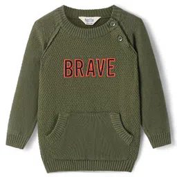 Bonfino Cotton Knitted Full Sleeves Pullover Sweater With Text Embroidery & Kangaroo Pockets - Olive Green-image-51