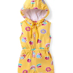 Babyhug Cotton Knit Sleeveless Hooded Jumpsuit with Tropical Theme Print - Yellow-picture-25