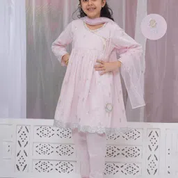 Little Bansi 100% Cotton Three Fourth Sleeves Floral Embroidered Lace Embellished Angrakha Style Kurta Churidar With Dupatta Set - Pink-picture-29
