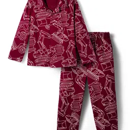 Honeyhap 100% Premium Cotton Knit Full Sleeves Co-ords Night Suit With Bio Finish & Vehicle Print - Rhythmic Red-image-2