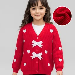 arias by lara dutta Arias Knitted Full Sleeves Front Open Sweater with Heart Embroidery & Bow Applique - Red image 1