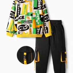 OLLINGTON ST. Cotton Full Sleeves Printed Sweatshirt & Joggers Set - Yellow & Black-picture-20